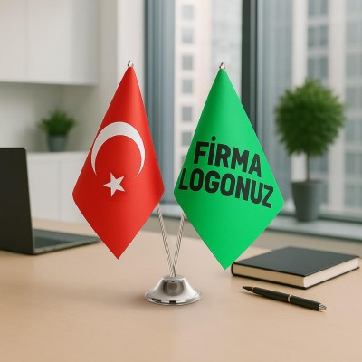 İkili Özel Logolu Masa Bayrağı Takımı